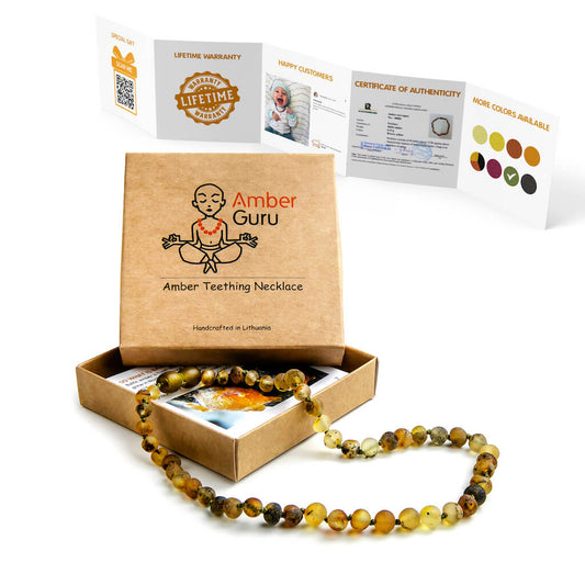 Amber Guru Premium Raw/Unpolished Green Baltic Amber Teething Necklace for Babies, with Box and Leaflet