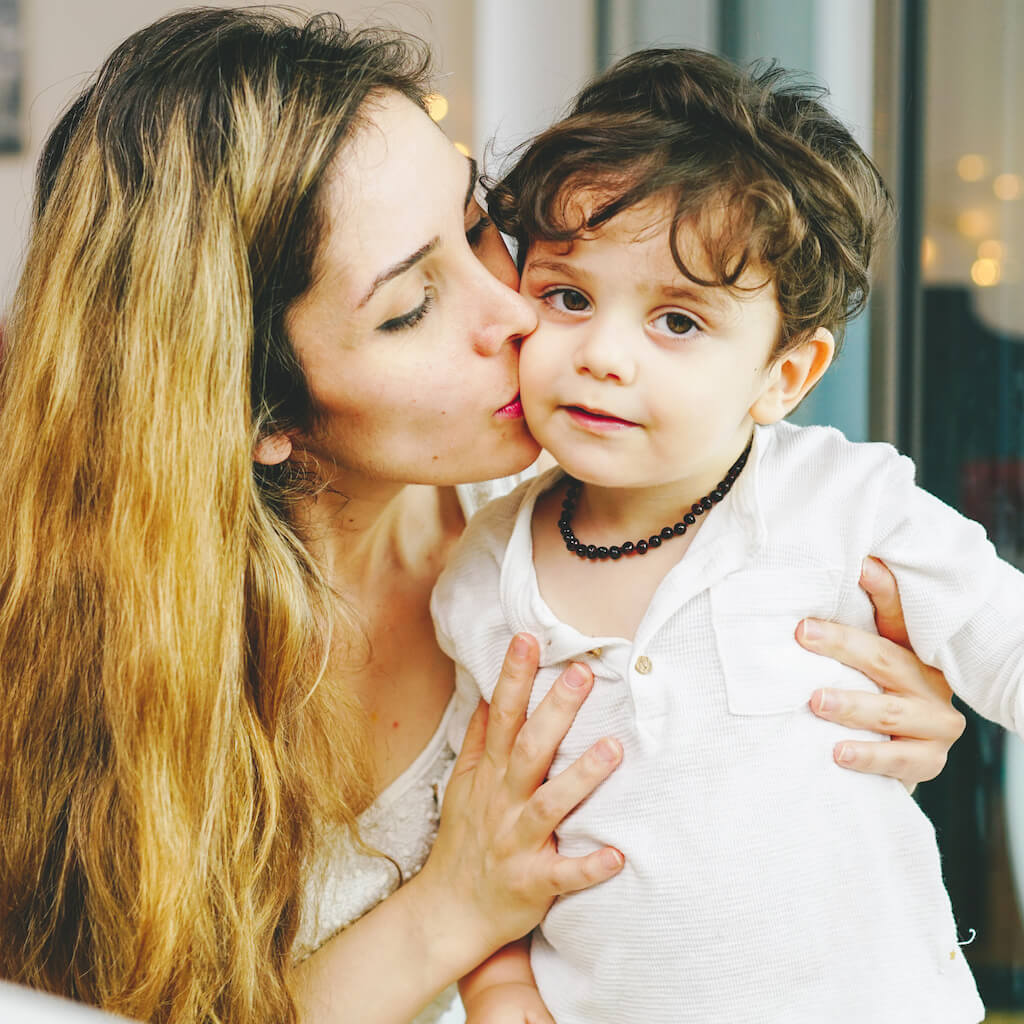 Calm Baby, Happy Mama & Polished Amber Teething Necklace from Amber Guru in Cherry Color