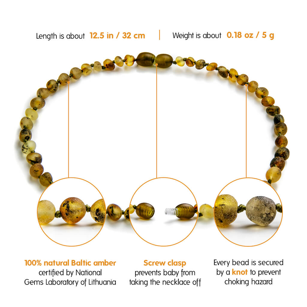 Infographic Showing Features of Amber Guru Green Baltic Amber Teething Necklaces with Raw/Unpolished Beads