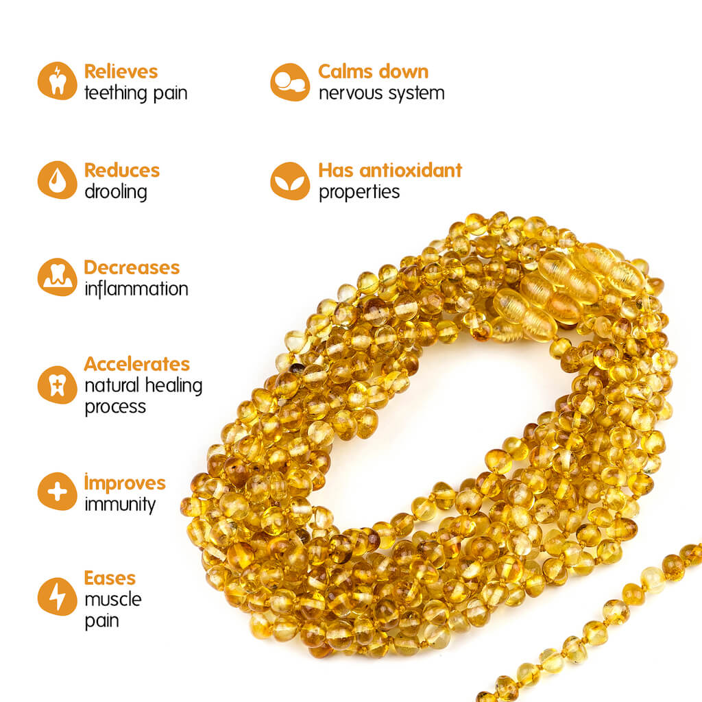 Infographic with a Bunch of Necklaces Showing Benefits of Amber Guru Honey Baltic Amber Teething Necklaces with Polished Beads