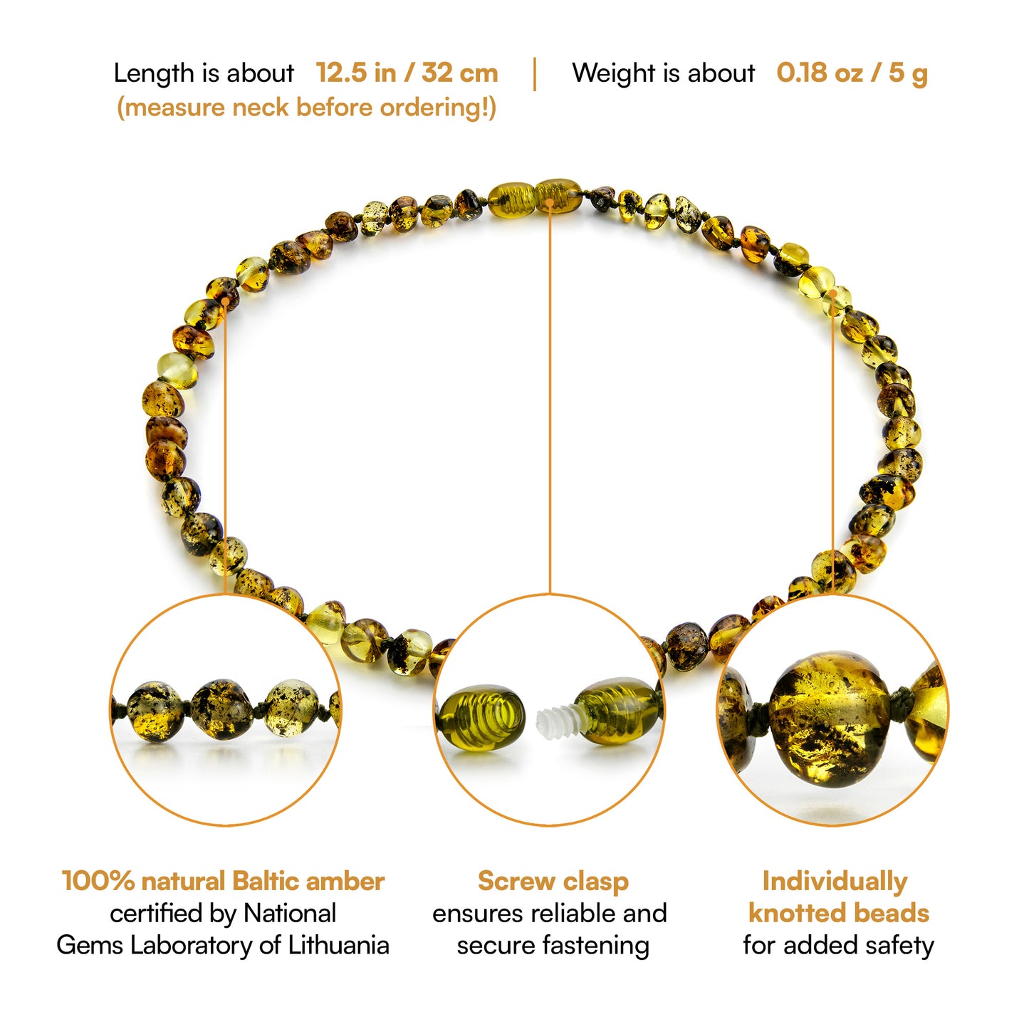 Amber Teething Necklace, Green, Polished