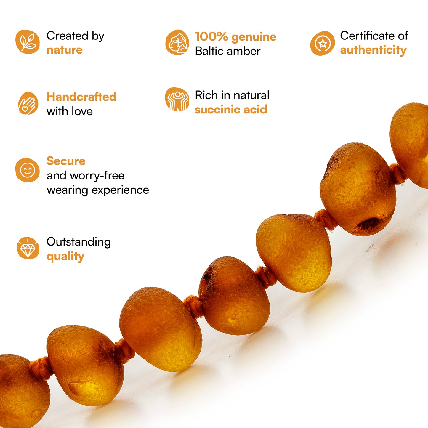 Amber Teething Necklace, Cognac, Unpolished (Raw)