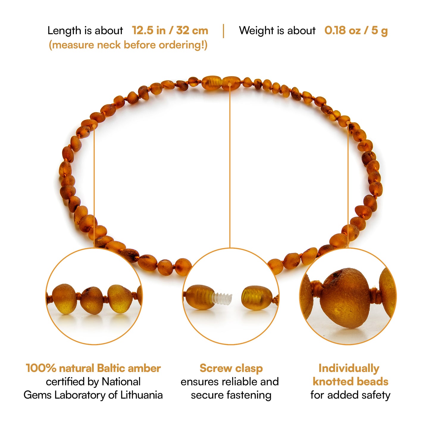 Amber Teething Necklace, Cognac, Unpolished (Raw)