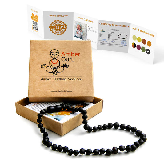 Amber Guru Black Raw/Unpolished Baltic Amber Teething Necklace for Babies, with Box and Leaflet