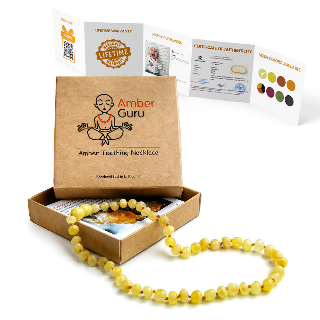 Amber Guru Polished Butterscotch Baltic Amber Teething Necklace for Babies, with Box and Leaflet