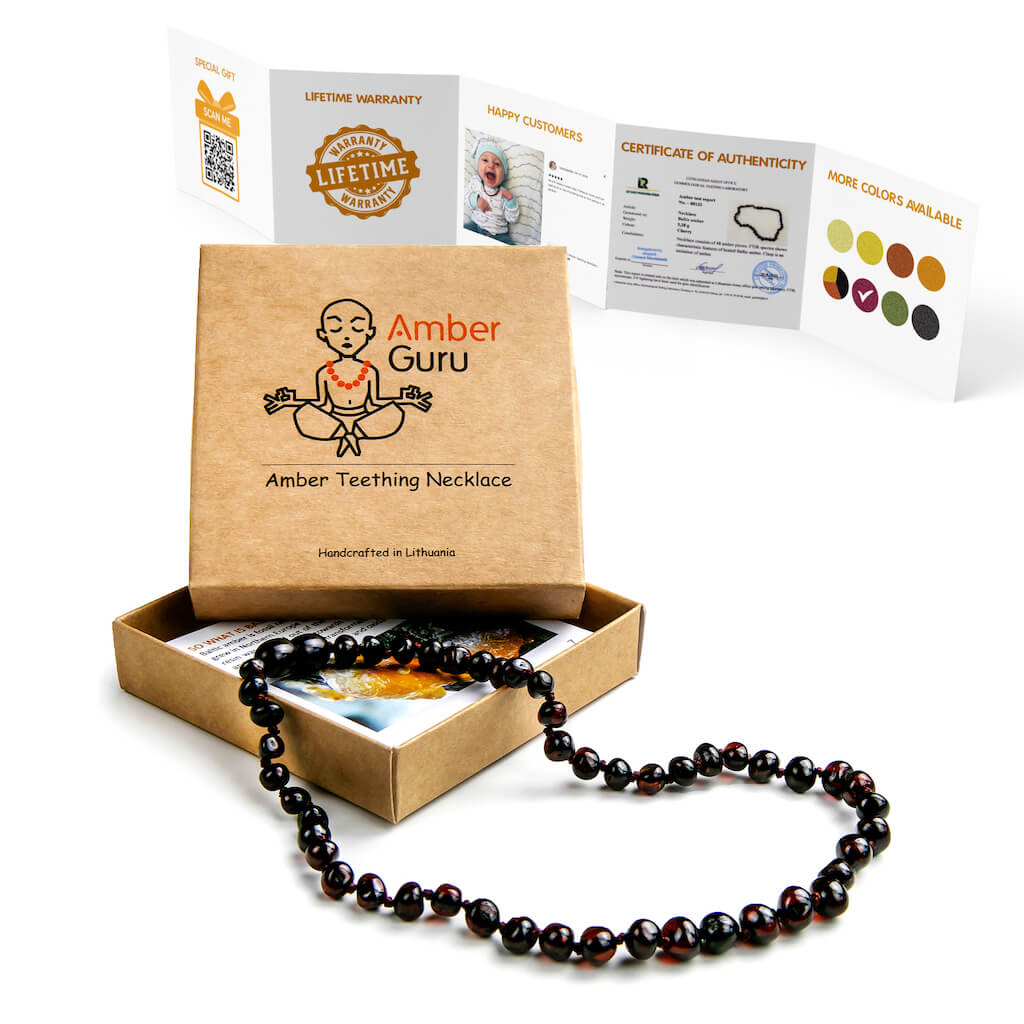 Amber Guru Polished Cherry Baltic Amber Teething Necklace for Babies, with Box and Leaflet
