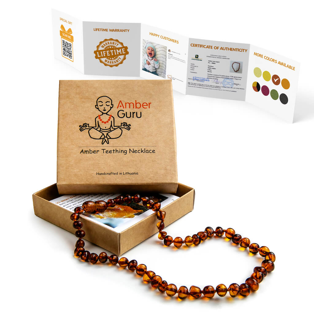 Amber Guru Polished Cognac Baltic Amber Teething Necklace for Babies, with Box and Leaflet