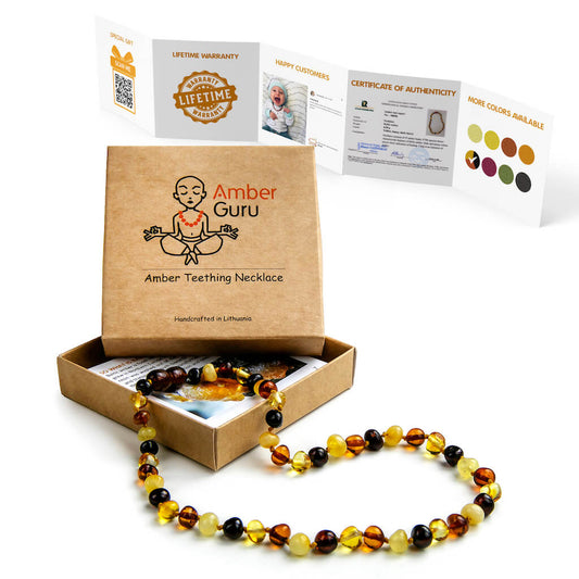 Amber Guru Polished Multi Baltic Amber Teething Necklace for Babies, with Box and Leaflet