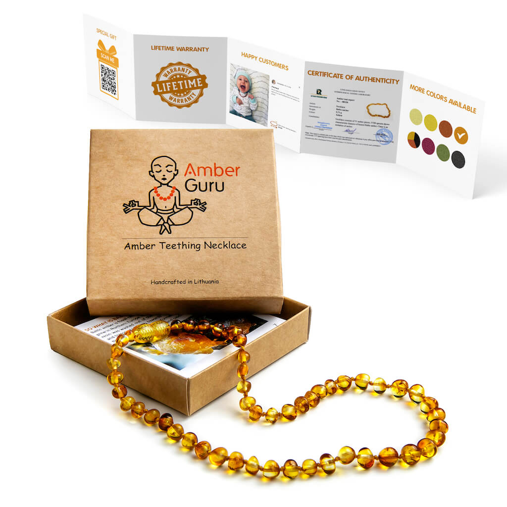 Amber Guru Premium Polished Honey Baltic Amber Teething Necklace for Babies, with Box and Leaflet
