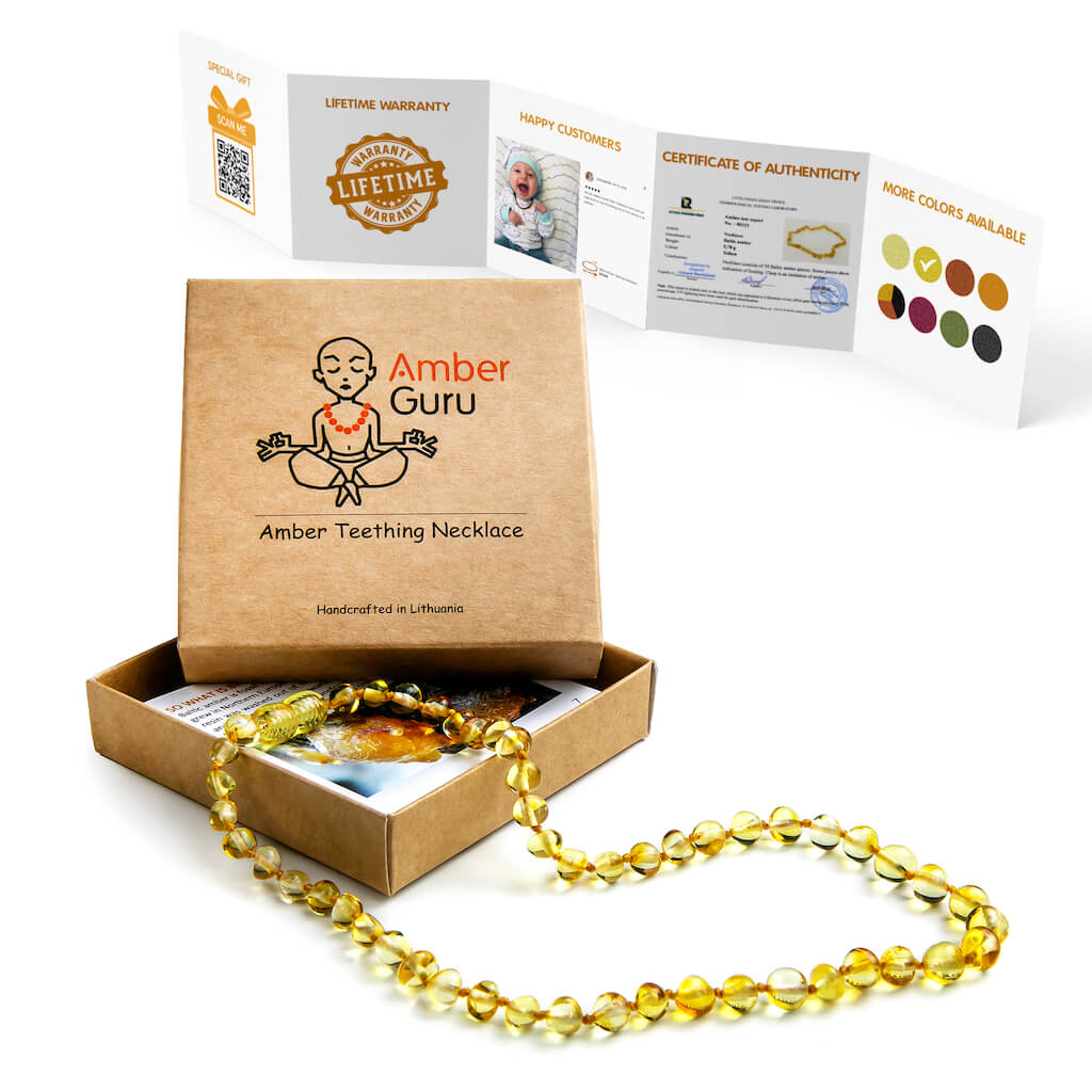 Amber Guru Premium Polished Lemon Baltic Amber Teething Necklace for Babies, with Box and Leaflet