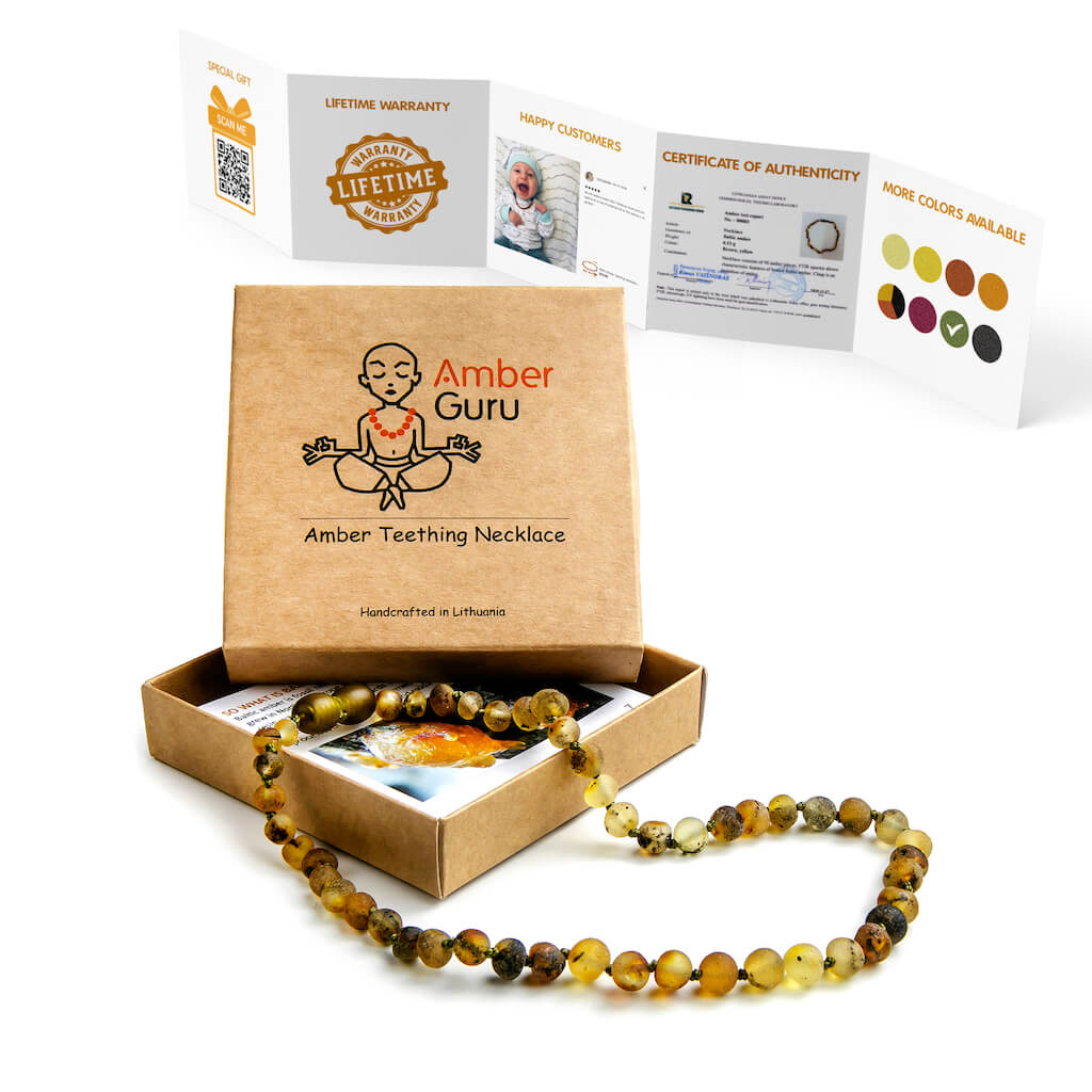 Amber Guru Premium Raw/Unpolished Green Baltic Amber Teething Necklace for Babies, with Box and Leaflet
