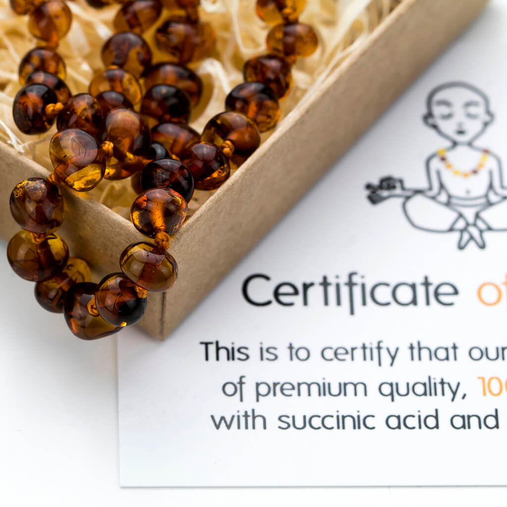 Gift Ready Premium Cognac Polished Baltic Amber Teething Necklace with Certificate of Authenticity, Made by Amber Guru