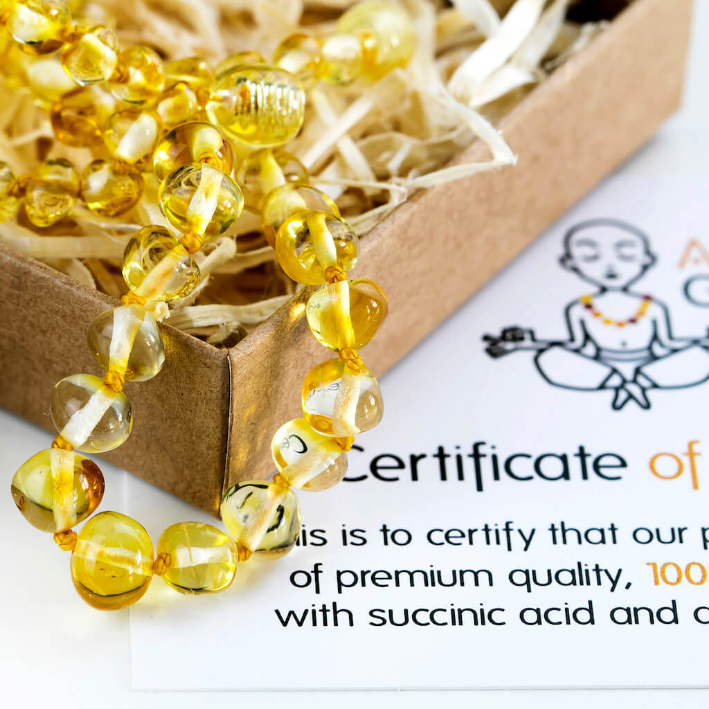 Gift Ready Lemon Polished Baltic Amber Teething Necklace with Certificate of Authenticity, Made by Amber Guru