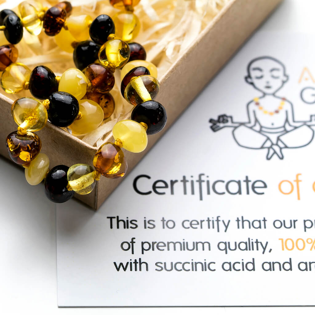 Gift Ready Multi Colored Polished Baltic Amber Teething Necklace with Certificate of Authenticity, Made by Amber Guru