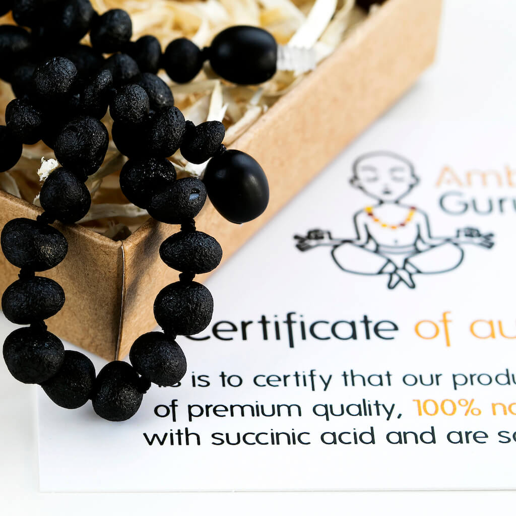 Gift Ready Raw Black Baltic Amber Teething Necklace with Certificate of Authenticity, Made by Amber Guru
