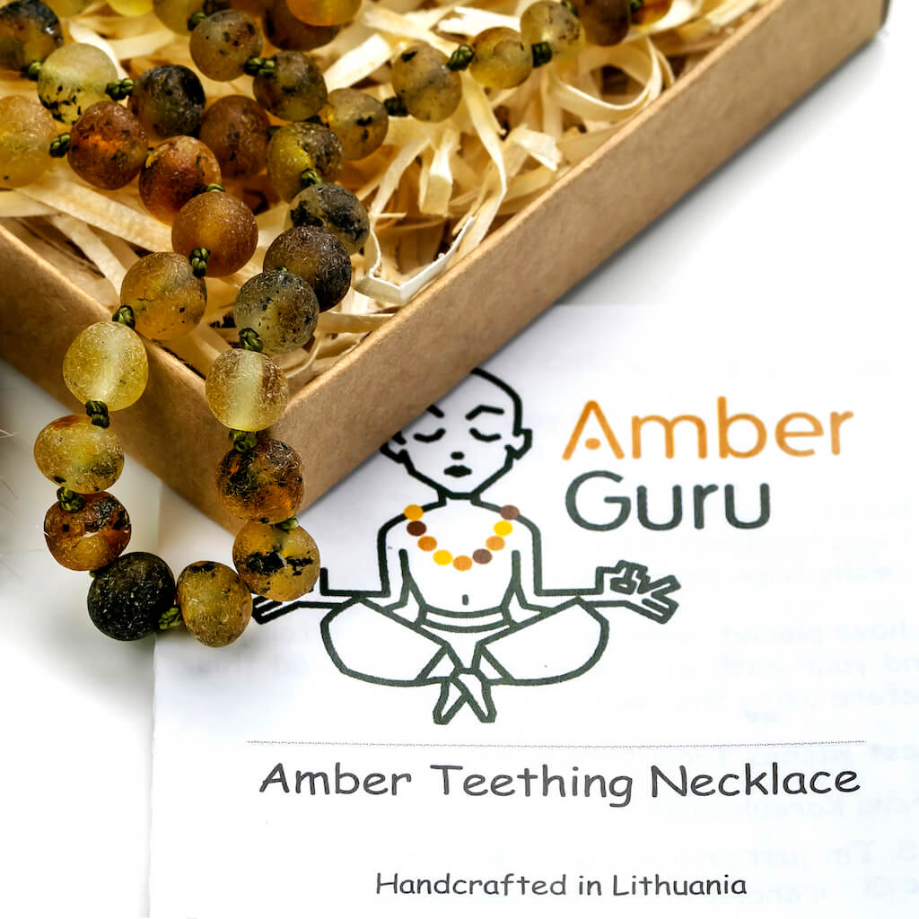 Gift Ready Raw Green Baltic Amber Teething Necklace with Certificate of Authenticity, Made by Amber Guru