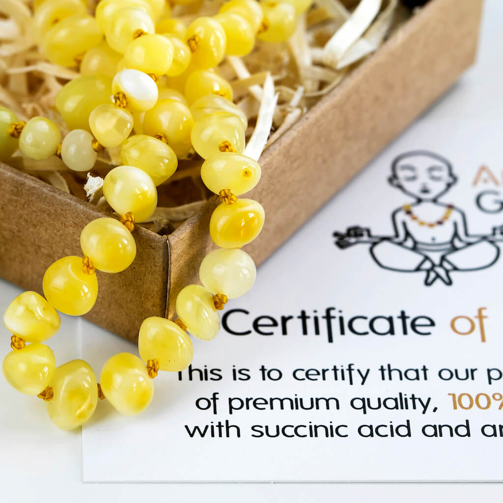 Gift Ready Yellow Polished Baltic Amber Teething Necklace with Certificate of Authenticity, Made by Amber Guru