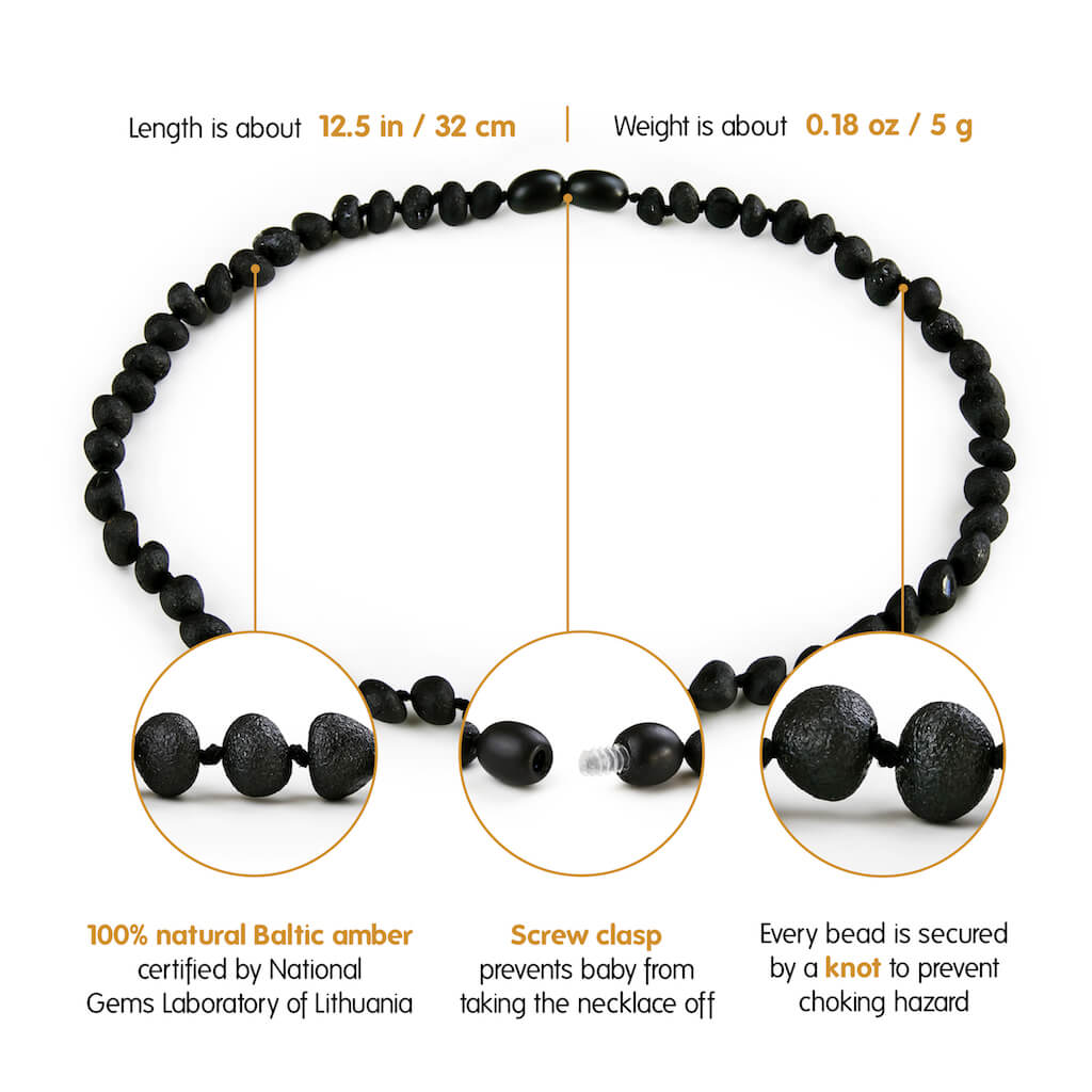 Infographic Showing Features of Amber Guru Black Baltic Amber Teething Necklaces with Raw/Unpolished Beads