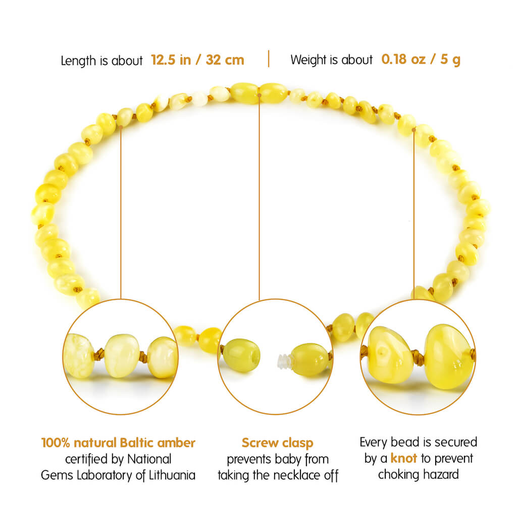 Infographic Showing Features of Amber Guru Butterscotch Baltic Amber Teething Necklaces with Polished Beads
