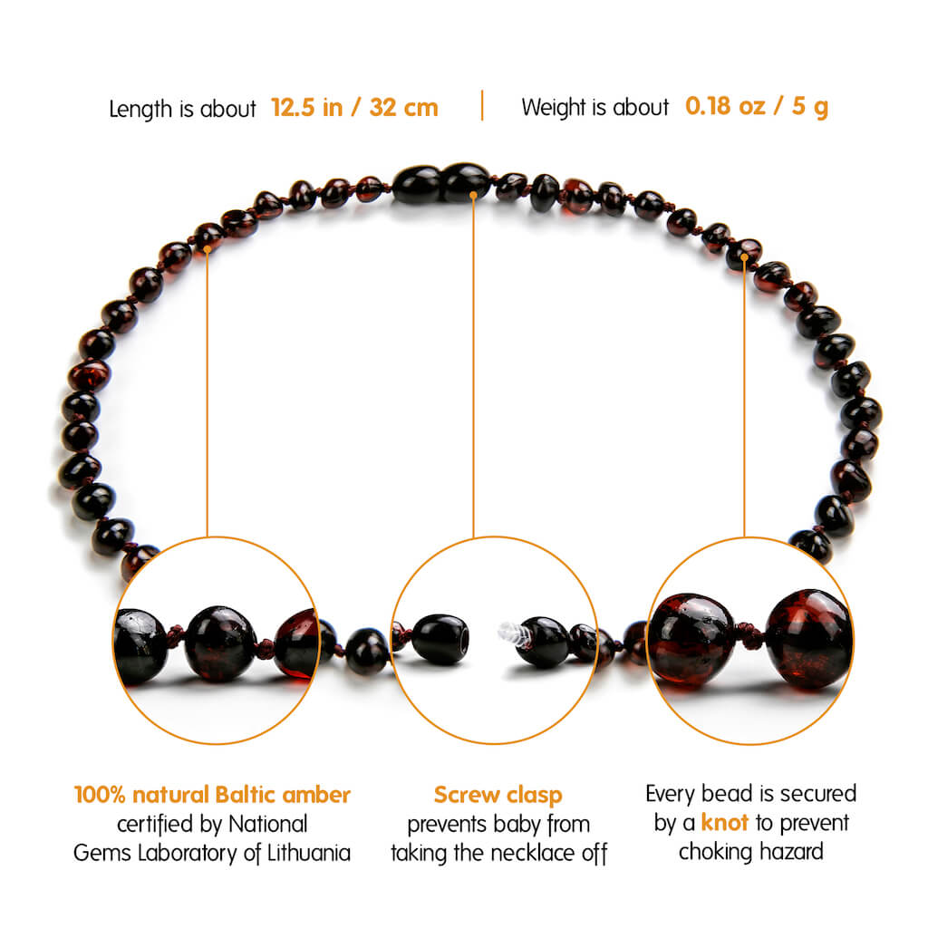 Infographic Showing Features of Amber Guru Cherry Baltic Amber Teething Necklaces with Polished Beads