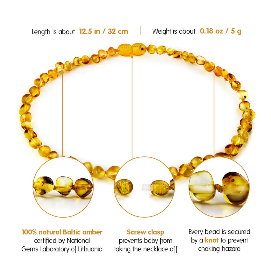 Infographic Showing Features of Amber Guru Honey Baltic Amber Teething Necklaces with Polished Beads
