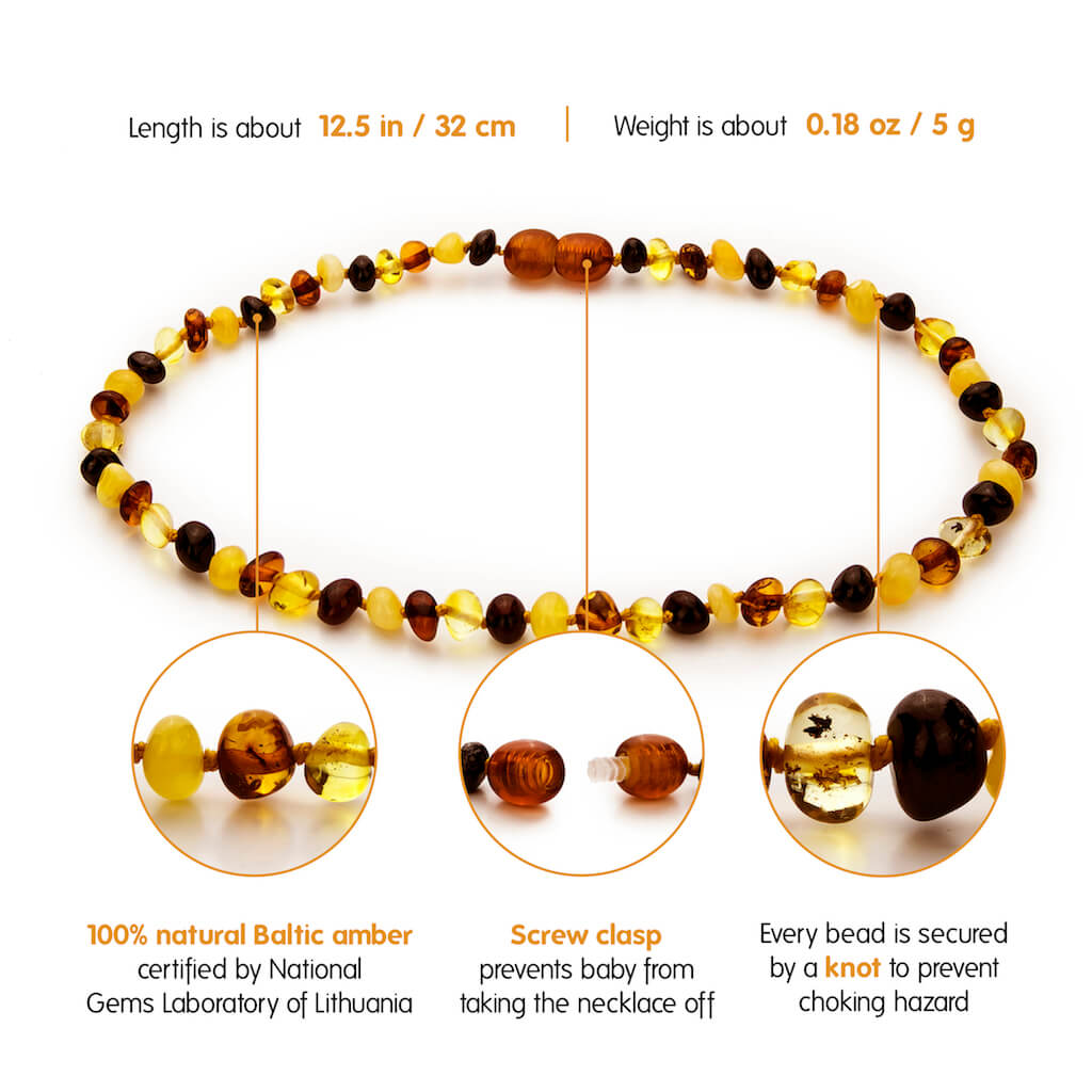 Infographic Showing Features of Amber Guru Multi Colored Baltic Amber Teething Necklaces with Polished Beads
