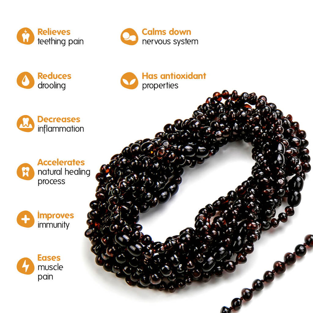 Infographic with a Bunch of Necklaces Showing Benefits of Amber Guru Cherry Baltic Amber Teething Necklaces with Polished Beads
