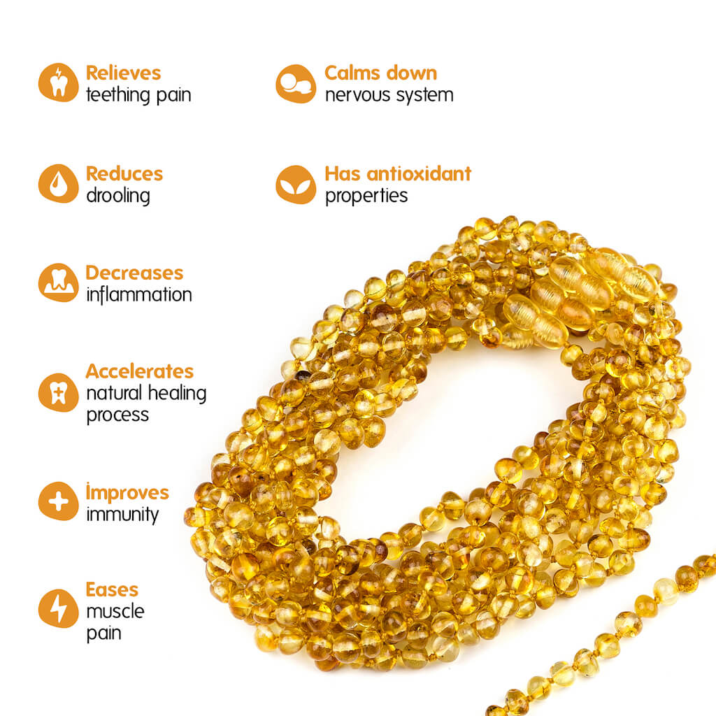 Infographic with a Bunch of Necklaces Showing Benefits of Amber Guru Honey Baltic Amber Teething Necklaces with Polished Beads