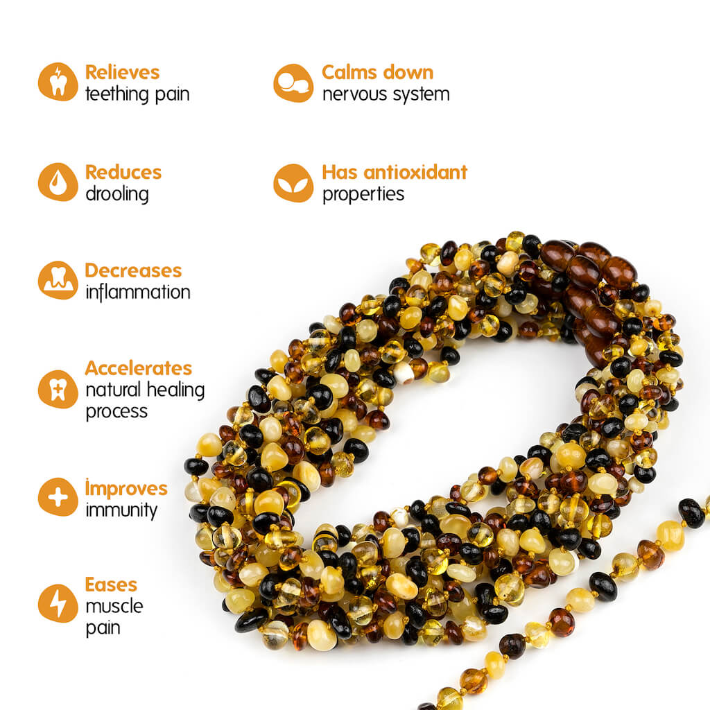 Handmade Baltic Amber Chip Necklace – 5-Line Strand, Natural Multicolor Amber, 18